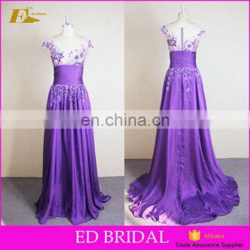 Real Sample Scoop Neckline Cap Sleeve Handwork Beaded Purple Sexy Prom Dress For Girls