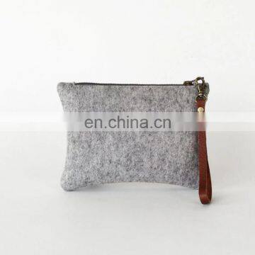 Ash Gray Wool Felt Zipper Wristlet bag pouch with customized logo