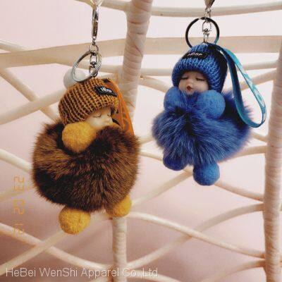 D88Winter plush keychain Sleep baby keychain Soft fox fur car key ring schoolbag pendant Girl bag accessories