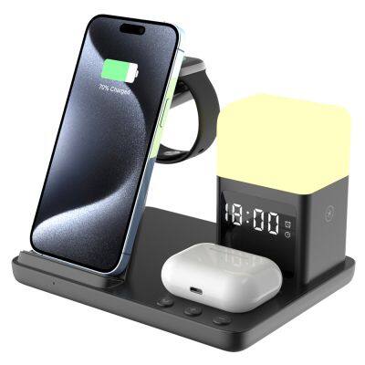 Multi-functional 6 in 1 Wireless Charger LED Clock Lamp Surface Wireless Charging Station 15 W High Power Fast Charge