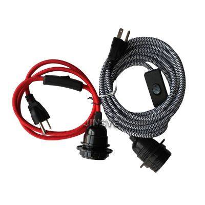 UL Listed 3 Pin Plug In Fabric Covered Textile Wire Cable Power Plug Power Cable E26 Lamp Socket Lamp Cords With On Off Switch