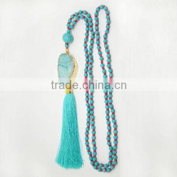 NE2242 Trendy handmade mala druzy turquoise tassel necklace, new drusy druzy jewelry