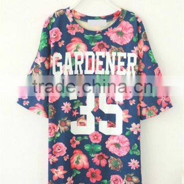 Ladies cotton printed loose long t-shirt