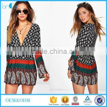 Hot new products flower print long sleeve deeo v women rompers