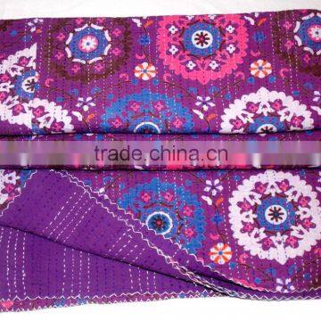 Purple Kantha Quilt Queen Size Indian Bedspread Blanket Reversible Throw Gudari