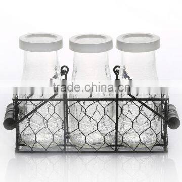 Hot Sale Set Of Hard Spot Clear Glass Milk Bottle With Iron With White Lid