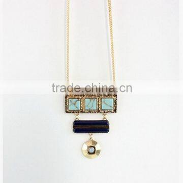 Exaggerated Necklace Jewelry 3 Square Linked Turquoise Handset Arts 2 Color Stone Pendant Necklaces photo-4