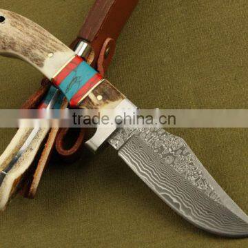 OEM Damascus steel antler wood handle full tang knife