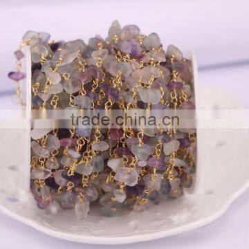 Natural Fluorite Nugget Quartz Chip Bead Rosary Chain, Gold Plated Wire Wrapped Chain