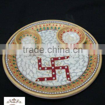 Handicraft Religious Gift Decor Art And Craft Gallery Hindu God Puja Marble Pooja Thali Plate