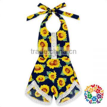 Eco-friendly Cotton Black Yellow Lace Sunflowers halter bubble rompers