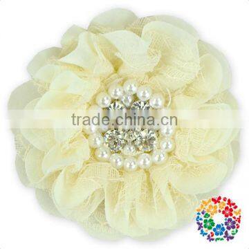 posh ivory cheap wholesale handmade rhinestone center lace fabric flower