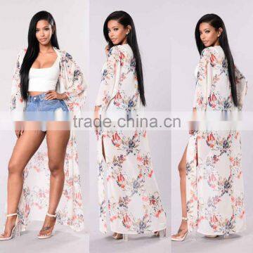 Women muslim long cardigan 100% Polyester Flower Print Chiffon Two Slit Side Long Kimono Duster For Holiday Wear