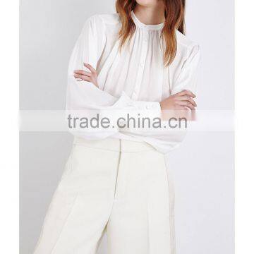 Wholesale Women Fashion Band Collar Long Sleeves White Pleated Silk Crepe De Chine Blouse(DQE0156T) photo-4