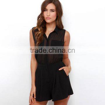HAODUOYI Women Black Chiffon Ruched Cut Out Waist Hollow Back Rompers Playsuits photo-5