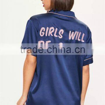 MGOO 2017 New Arrival Custom Satin Silk Pyjamas Logo Embroidered Back Long Sleeves Sleepwear Sets Ladies photo-2