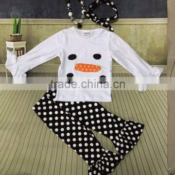 Christmas Suit Winter Outfit Girls Colthes Baby Snowman X-mas Clothes Black/white Dot Pant With Necklace and Headband Set