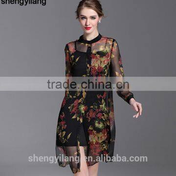 2016 Spring Summer Pure True Button-up Silk Long Sleeve Shirt Dress photo-3
