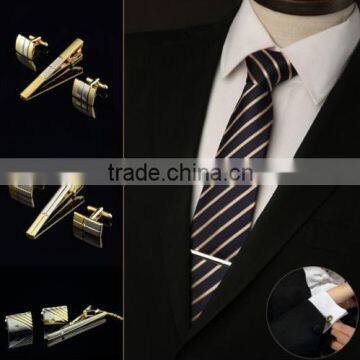 New Men Metal Necktie Tie Bar Clasp Clip Cufflinks Sets Gold Simple Party Gift