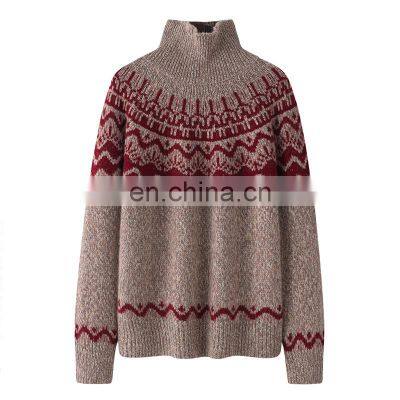 Custom Knit Mock Neck Cashmere Wool Blend Sweater Winter Retro Jacquard Front Logo Casual Style OEM Service Available