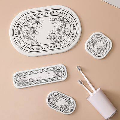 Highly Absorbent Quick Drying Floral Printing Diatomite Stone Bath Mat Set photo-3