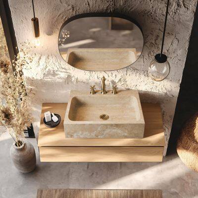 Travertine Marble Easy Clean Rectangular Countertop Vessel Sink Factory Direct Wholesale Hand Wash Basin OEM ODM for Hotel photo-2