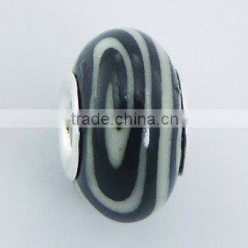 Unique Black Fimo Bead Hand Crafted Painted White Spiral