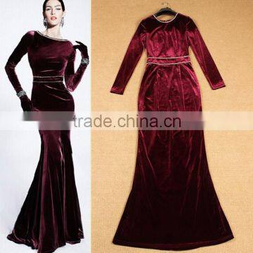 2015 Latest Celebrity High-end Simple Designs Elegant Beaded Long Sleeves Fishtail Maxi Long Velvet Dress For Party