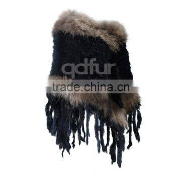 QD200121 Excellent Quality Women Wear Knit Winter Rabbit Fur Ponchos Sale With Raccoon Dog Fur Trim Long Fringes photo-6