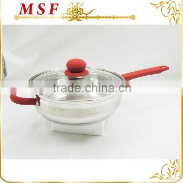 new design stainless steel pan with soft touch red silicone painted handles