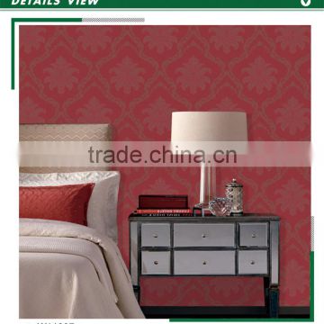 cheap embossed pvc coated wallpaper, brick red classic damask wallcovering for powder room , washable wall sticker company