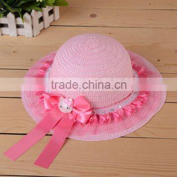 hot selling ribbon bow and lace summer sun-resistant children straw hat