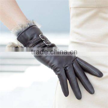 Insert Rabbit Fur Ladies Sheep Leather Gloves with Belt and Buckle On Back
