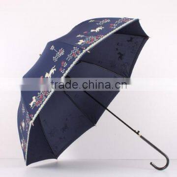 23 Inch Stick Crook Handle Silk Print Lady Umbrellas