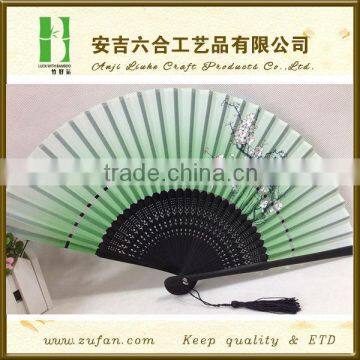 green cloth bamboo fan with plum flowers,personalized cloth folding fans,Japanese fan