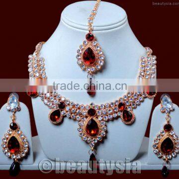 Stylish Kundan Zirconia Gold Tone CZ Fashionable Necklace Set Maroon F27