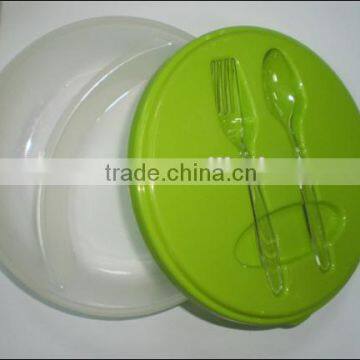 Plastic round lunch box with PS fork and spoon