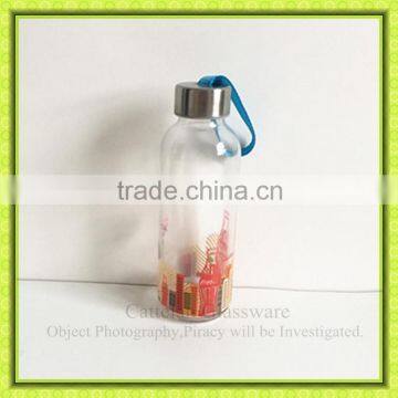 430ml decal printed glass beverage bottle with metal lids,empty drift glass bottle for juice,glass cola bottle