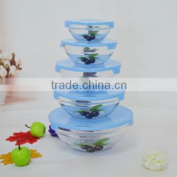 High quality and cheap fresh glass bowl 5pcs set with plastic lid from Bengbu cattelan glassware