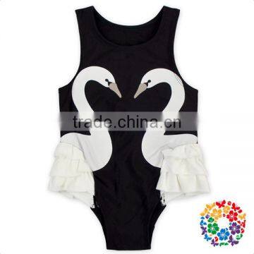 2017 Lovely Black Color Kids Swim Suits A Pair Of Swans Designs Girls Swim Suit Wholesale Sleeveless Baby Romper Swimming Wear