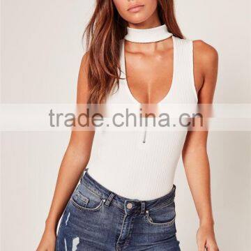 MGOO 2017 High Fashion White Ribbed Bodysuits For Women Sexy Chocker Neck Zip 95% Cotton 5% Spandex Tops photo-2