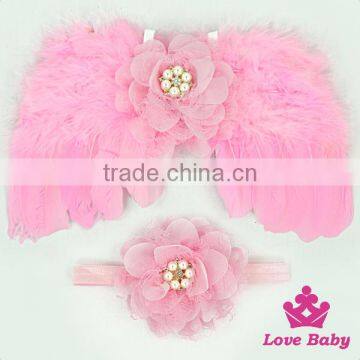 Wholesale Lovely 2pcs Newborn Baby Gift Sets Pink Flower Wings and Headband Kids Hair Birthday Accessory