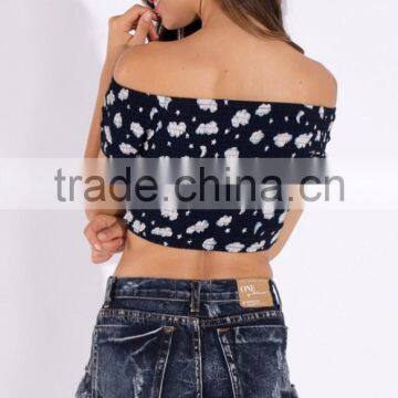 Fashion Off-shoulder Design Short Sleeve Crop Top for Women, Floarl Print Women Tank Top photo-4