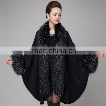 Autumn and winter new European and American large size knitted shawl cloak fake raccoon fur fur cardigan cape