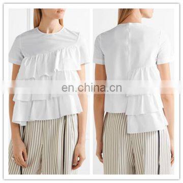 New design Cotton-poplin Tops Asymmetric New Ruffled short sleeve women shirts