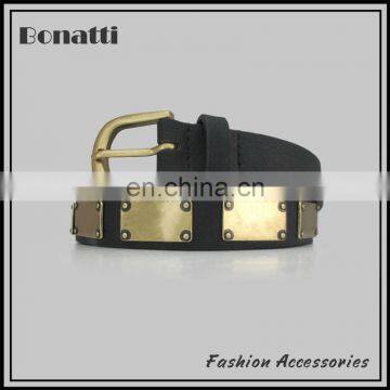 new style black embellished belt with golden metal label