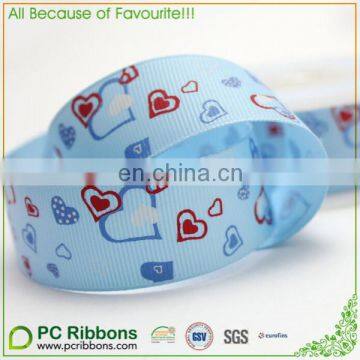 Heart printing 1" blue grosgrain ribbons in cheap price