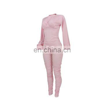 Casual Women Long Sleeves Back Zippers Bodysuit Skinny Raised Lines Pattern Outdoor Wear Stacked Jumpsuits photo-6