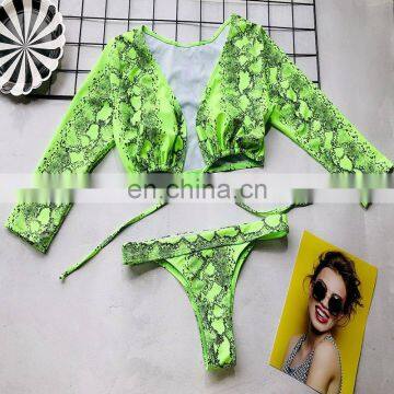 neon bikini thong bikini set Deep v-neck swimsuit female Snake print Bathing suit long sleeve woman swimwear 2019 new