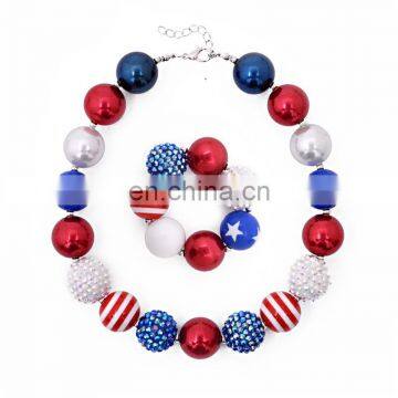 USA Flag Chunky Necklace Bracelet 2pcs Set Girl Bubble Beads Jewelry Sets photo-6